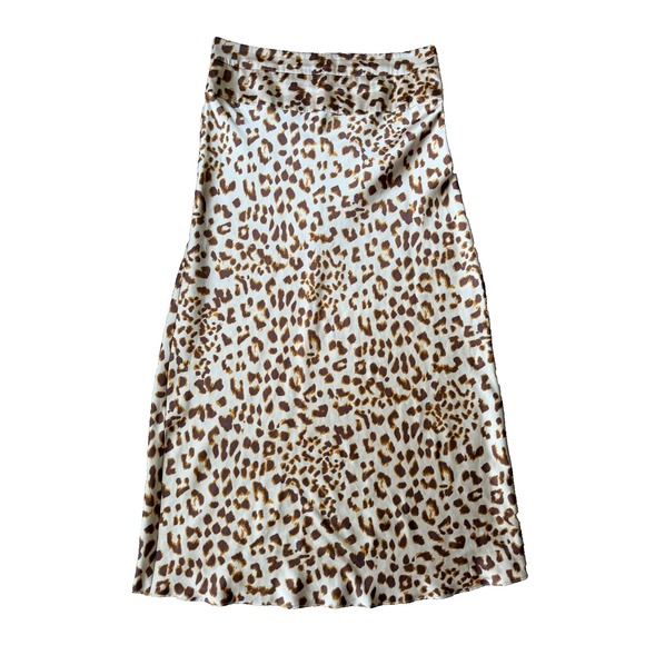 Free People Normani Bias Midi Skirt Womens Sz 12 Beige Leopard Satin Slip A-Line - Picture 2 of 12